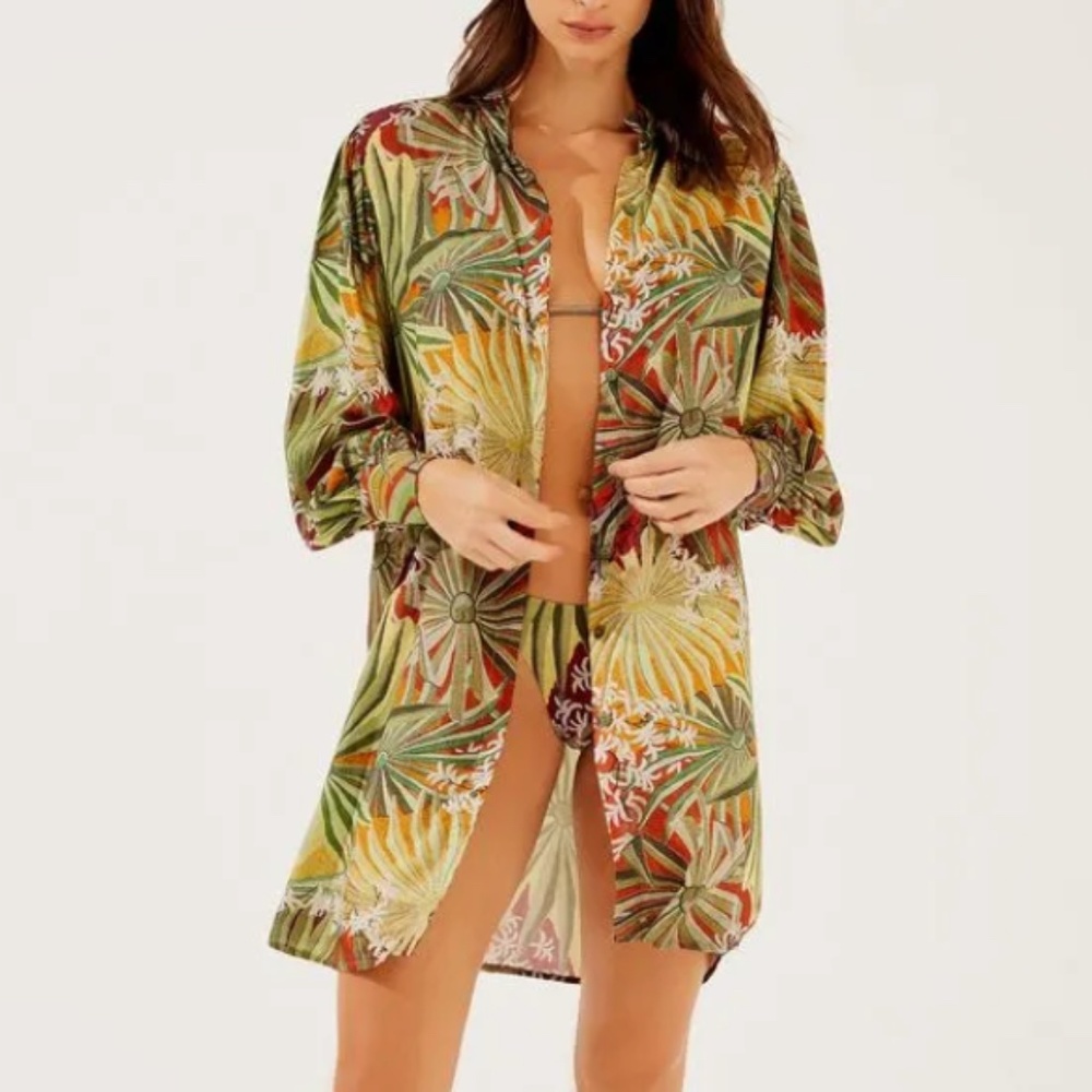 Agua De Coco Long Sleeve Puffed Chemise Palmeiras Swim Coverup Size Small